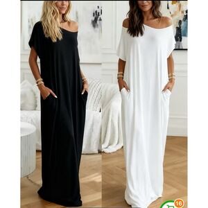 Women's Off Shoulder Maxi Dress Casual Loose Fit White S M L XL